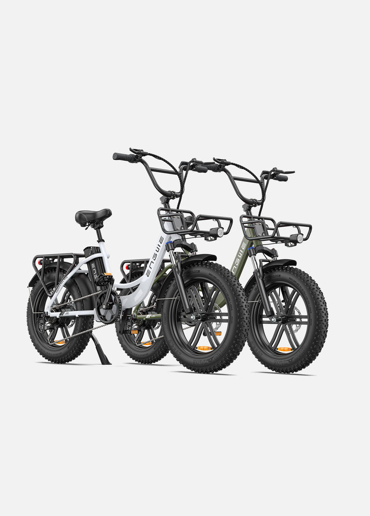 a snow white engwe l20 and a avocado green engwe l20 ebikes