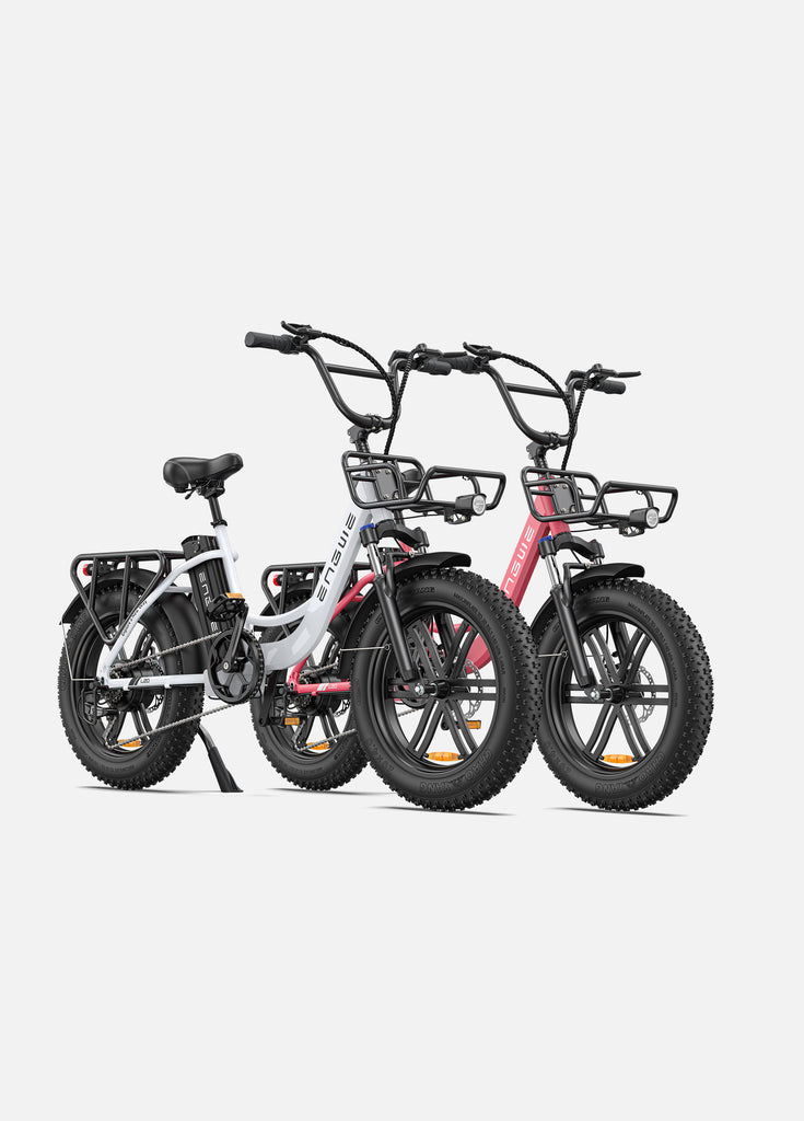 a snow white engwe l20 and a flamingo pink engwe l20 electric bikes