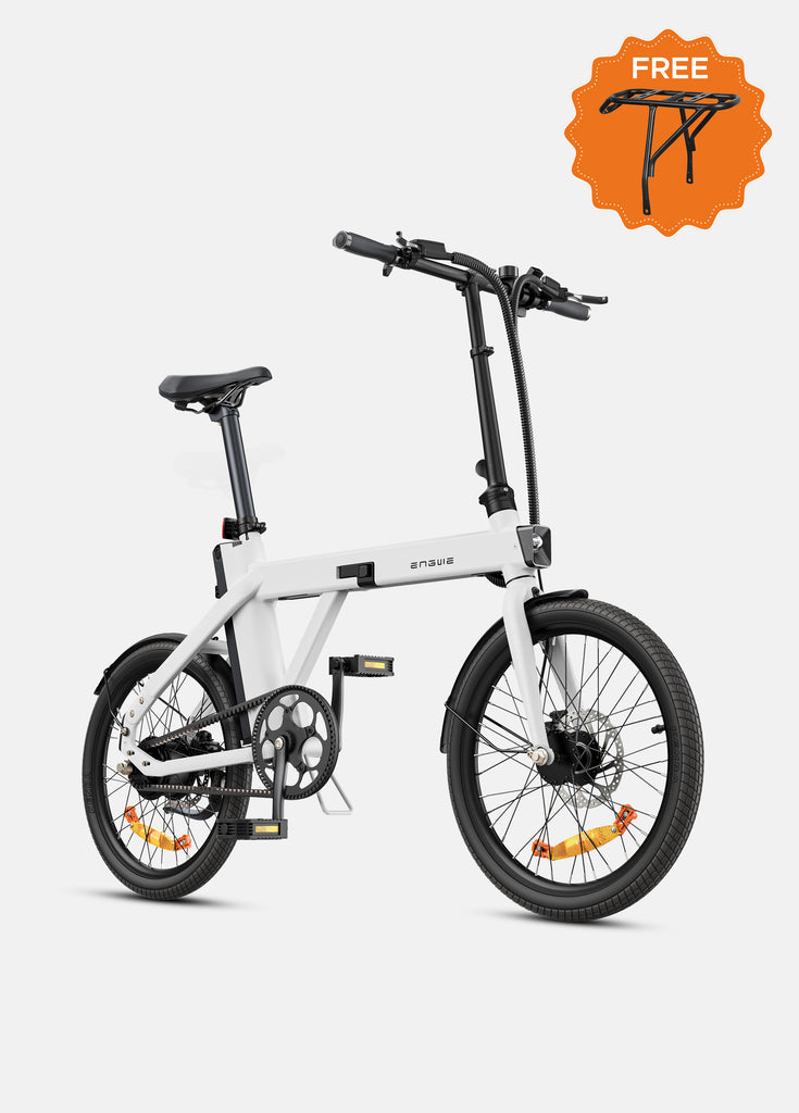a white engwe p20 commuter e bike and a rear rack for free
