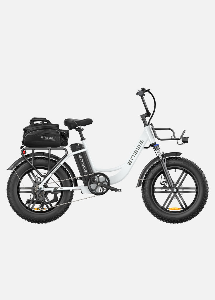 a snow white engwe l20 ebike with a rack bag
