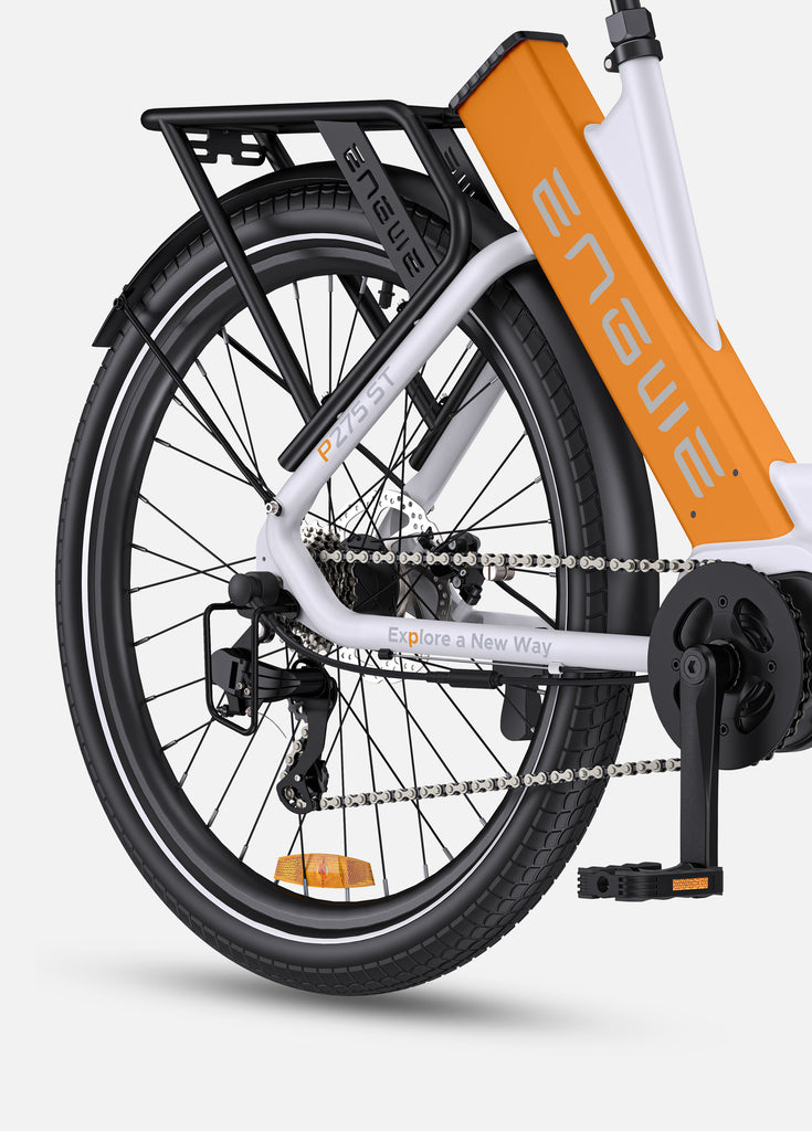 white-orange engwe p275 st urban e-bike rear tire and rear rack