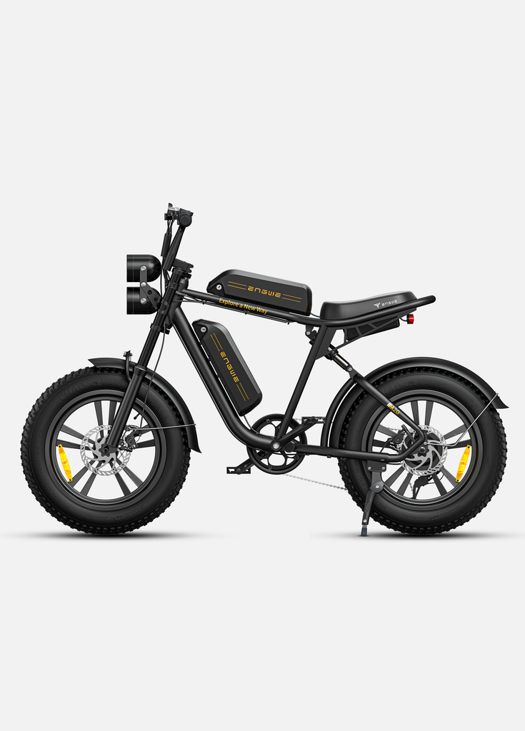 a black engwe m20 e-bike with dual batteries