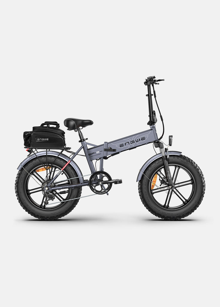 a grey engwe ep-2 pro ebike and a rack bag