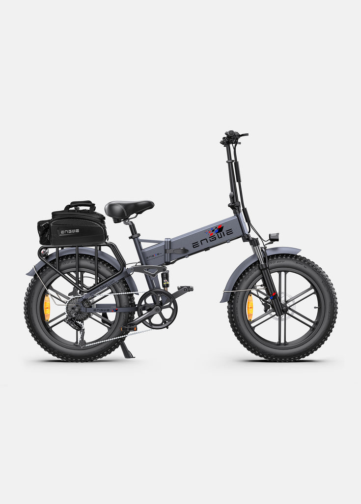 a grey engwe engine pro electric bike and an engwe bag