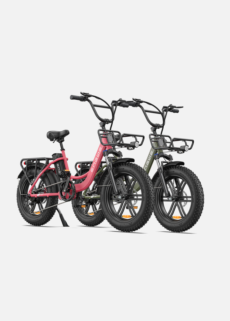 a flamingo pink engwe l20 and an avocado green engwe l20 ebikes