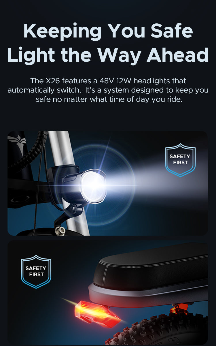 Engwe X26 1000W Big Motor E-bike (bike to work scheme/cycle to work scheme) - Keeping You SafeLight the Way Ahead<br>The X26 features a 48V 12W headlights that automatically switch. It's a system designed to keep your safe no matter what time of day you ride.