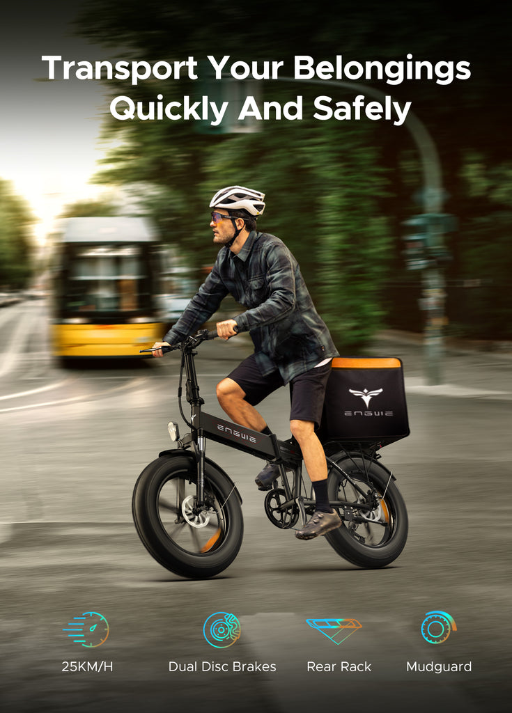 a man riding a black engwe ep-2 pro ebike with an engwe bag