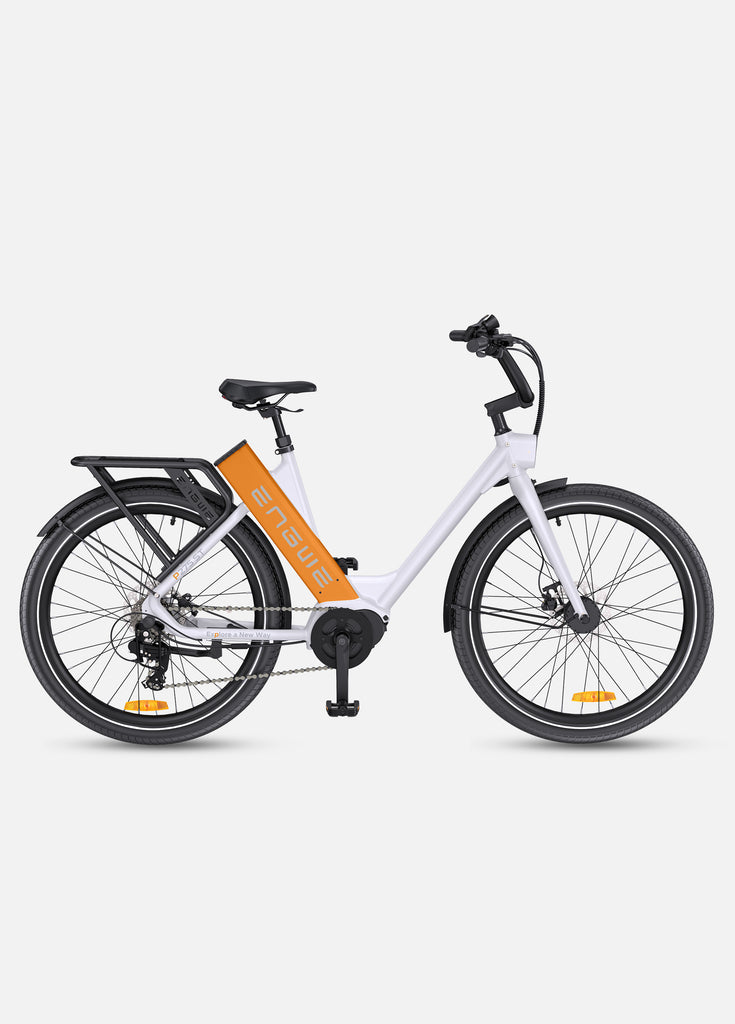 a white-orange engwe p275 st city e-bike