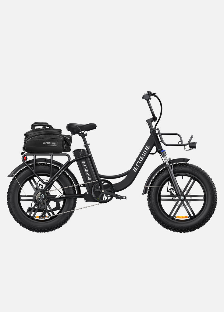 a onyx black engwe l20 electric bike with a rack bag