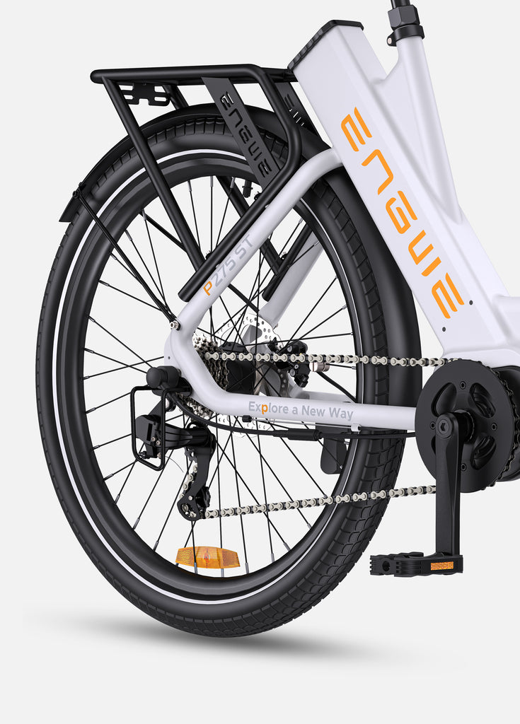 white engwe p275 st urban e-bike rear tire and rear rack