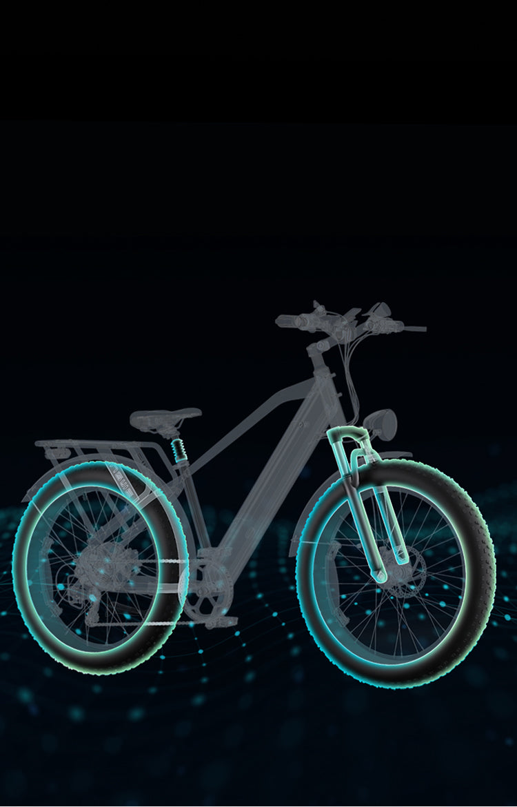ENGWE E26 Fat Tyre Electric Bike (bike to work scheme/cycle to work scheme) - Make Riding Fun<br>Front-wheel and seat suspension equipped with 26* 4.0 inch fat tires smooth out even the bumpiest of journeys for a fun and tranquil ride.