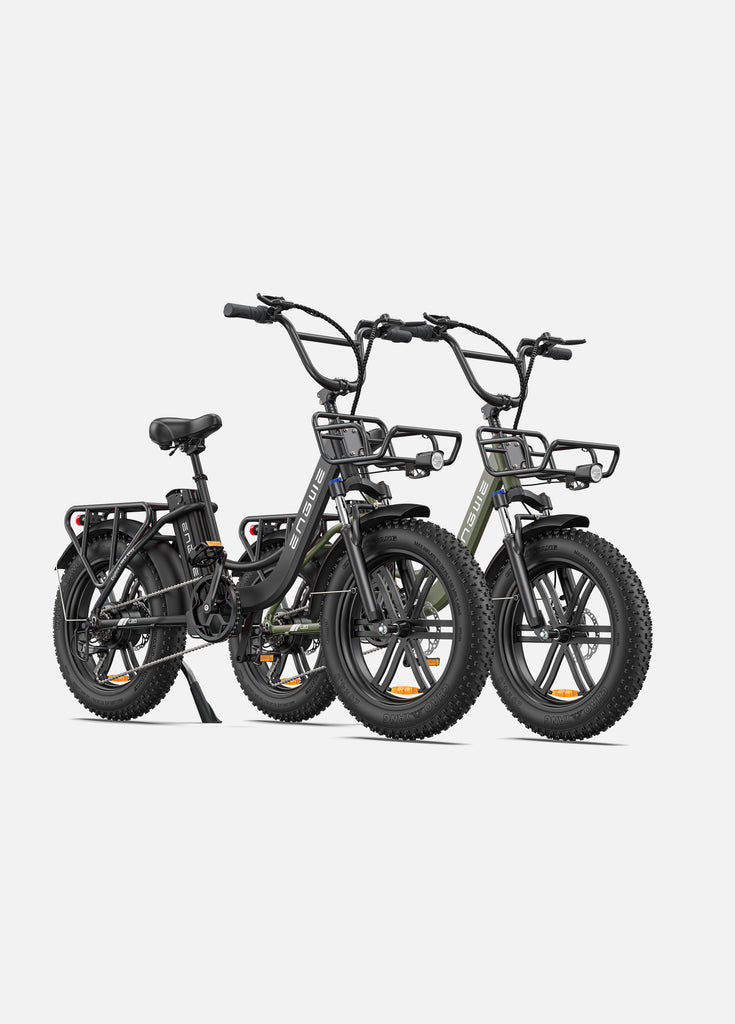 a onyx black engwe l20 and a avocado green engwe l20 electric bikes