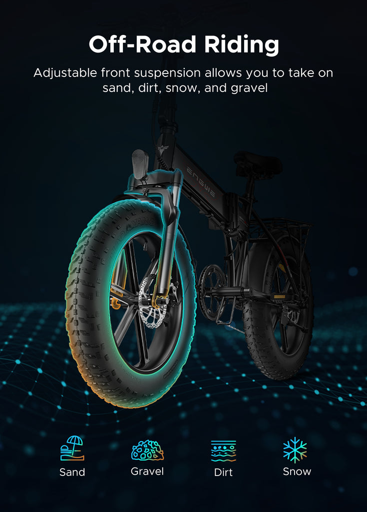 engwe ep-2 pro's adjustable front suspension allows riders to take on sand, dirt, snow and gravel