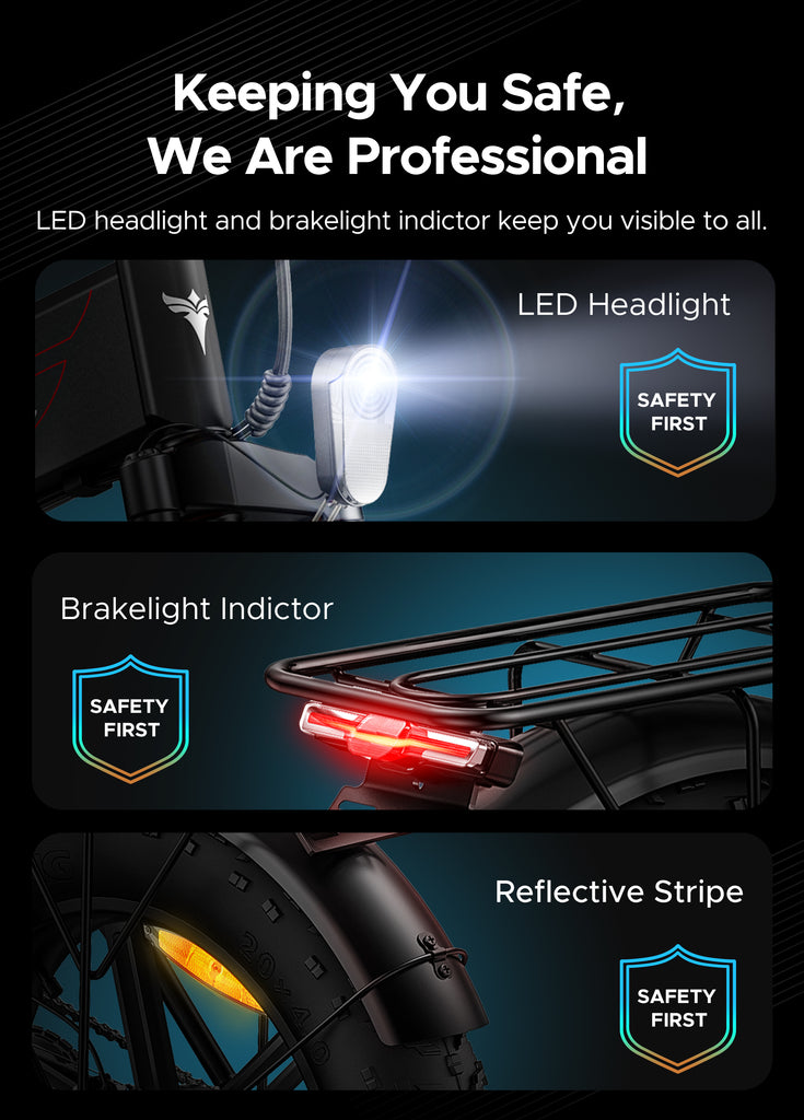 engwe ep-2 pro's led headlight, brakelight indictor and reflective stripe