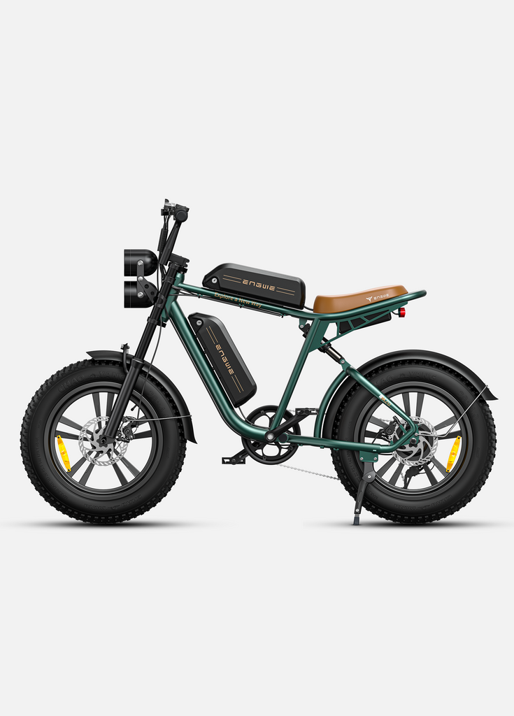 a green engwe m20 e-bike with dual batteries