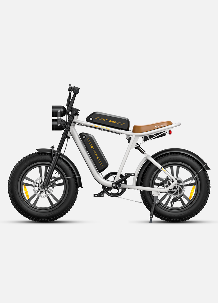 a white engwe m20 e-bike with dual batteries