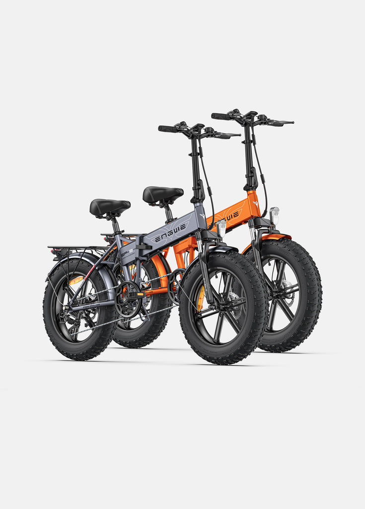 a grey engwe ep-2 pro and  an orange engwe ep-2 pro ebikes