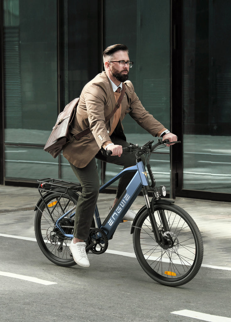 a man rides a blue engwe p26 on the street